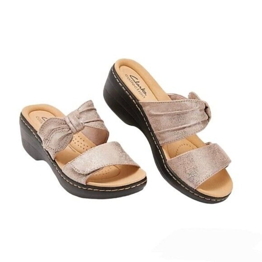 Clarks Collection Merliah Charm Taupe Metallic Open Toe‎ Adjustable NEW 12 N